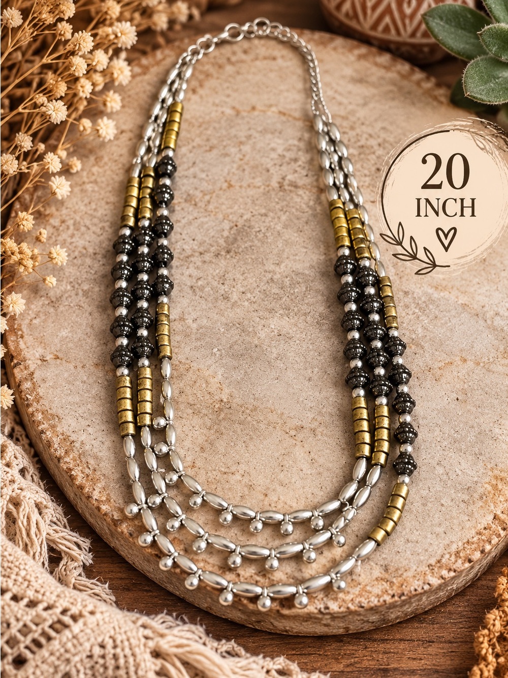 738 Multi-Strand Metallic Beaded Necklace — Silver, Gold & Gunmetal (20 Inch)